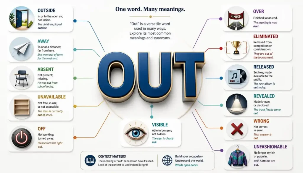 Infographic showing synonyms for “out” grouped by meaning, including outside, away, absent, unavailable, off, over, eliminated, released, and revealed.

Image Prompt 2 — Out vs. Out Of

Heading: Out vs. Out Of: Meaning and Usage