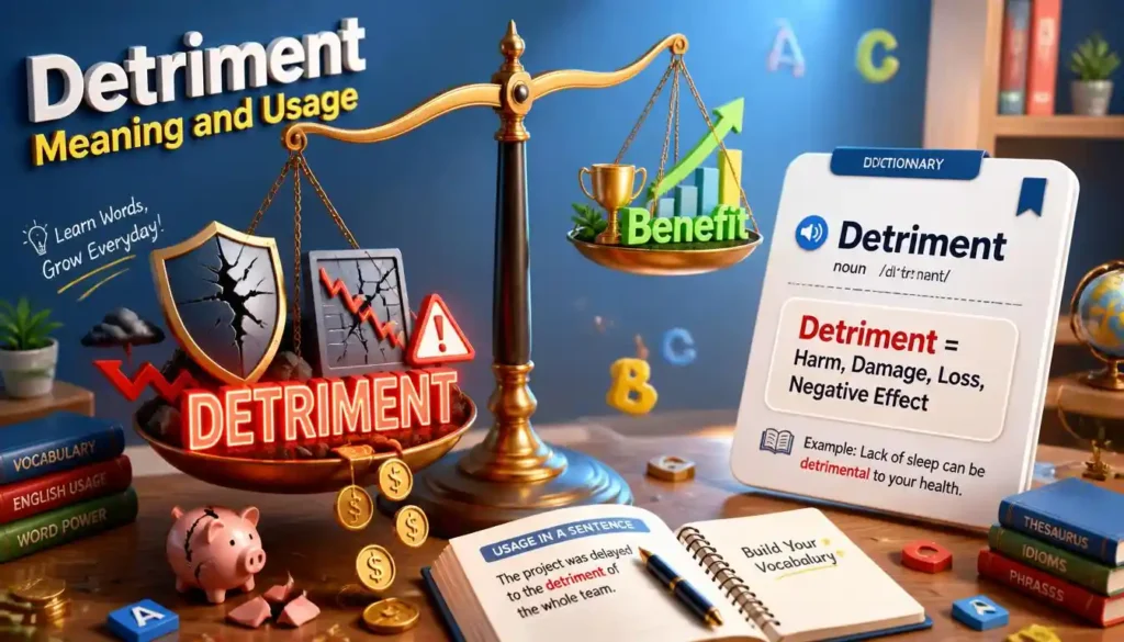 educational illustration explaining detriment meaning with harm, damage, disadvantage, and loss concepts using a vocabulary scale design.