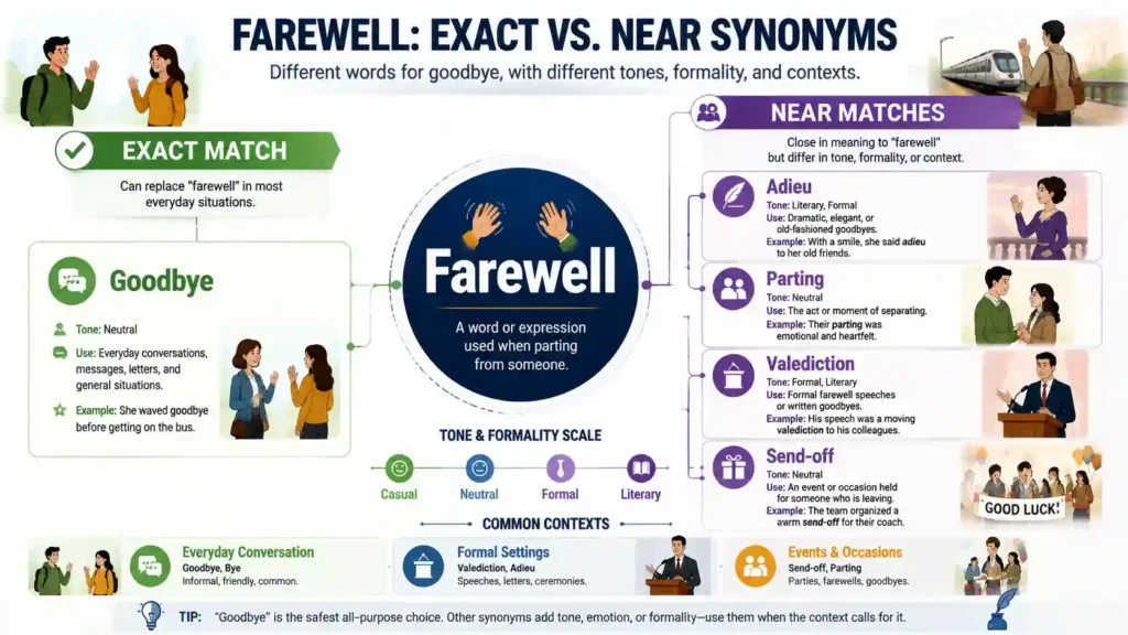 Diagram explaining exact and near synonyms of farewell and how context changes word choice.