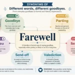 Farewell synonyms infographic showing different ways to say goodbye with casual, formal, and literary alternatives.