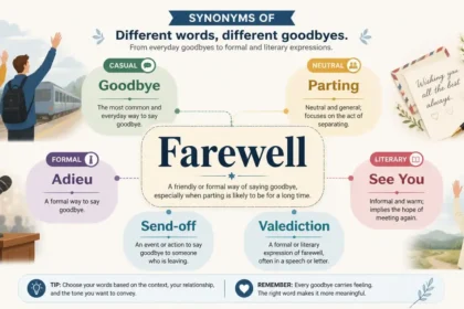 Farewell synonyms infographic showing different ways to say goodbye with casual, formal, and literary alternatives.