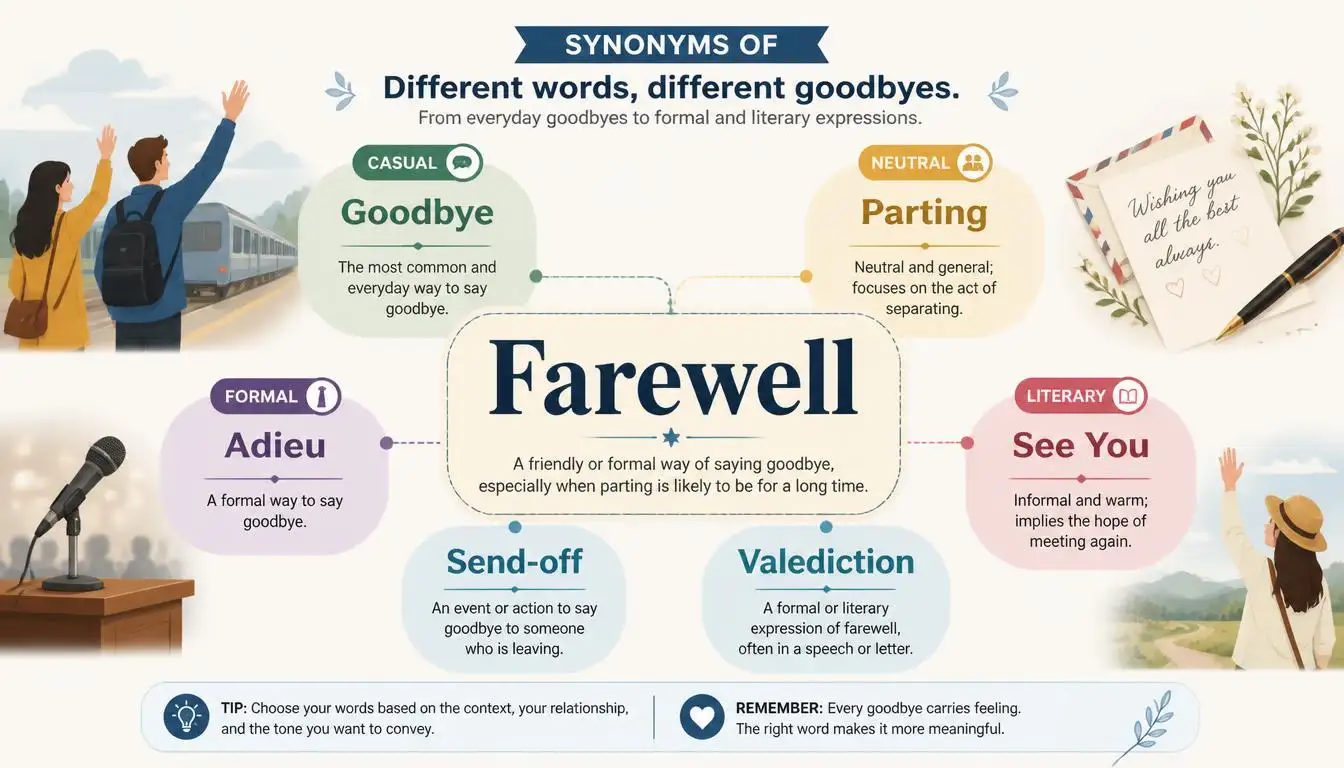 Farewell synonyms infographic showing different ways to say goodbye with casual, formal, and literary alternatives.