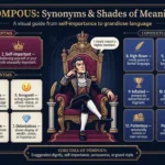 “A educational infographic titled ‘Top Synonyms for Pompous,’ showing exact synonyms and near synonyms in clearly labeled colored sections, with short meanings, numbered cards, and simple icons on an elegant off-white background.