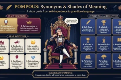 “A educational infographic titled ‘Top Synonyms for Pompous,’ showing exact synonyms and near synonyms in clearly labeled colored sections, with short meanings, numbered cards, and simple icons on an elegant off-white background.
