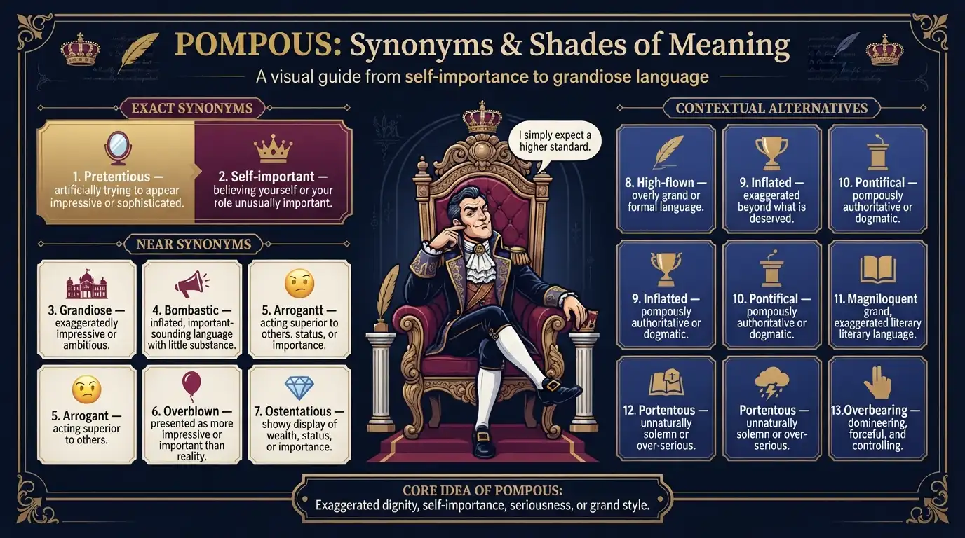 “A educational infographic titled ‘Top Synonyms for Pompous,’ showing exact synonyms and near synonyms in clearly labeled colored sections, with short meanings, numbered cards, and simple icons on an elegant off-white background.