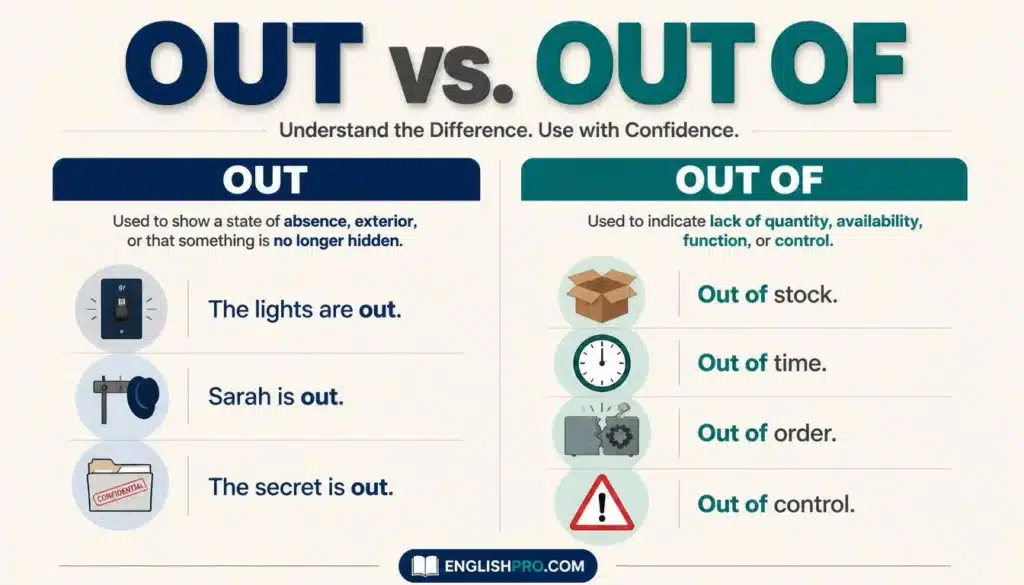 Comparison infographic explaining the difference between “out” and “out of” with examples such as lights are out, out of stock, out of time, and out of order.