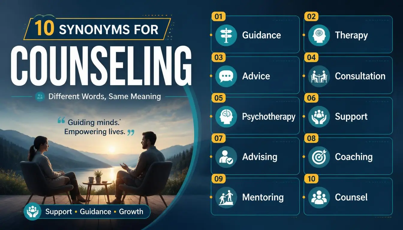 Infographic showing 10 synonyms for counseling