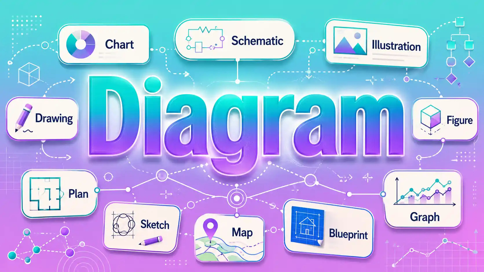 Diagram synonyms infographic with colorful illustrated word cards.