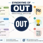 Educational infographic showing synonyms for out with meanings including outside, away, absent, over, eliminated, and released.