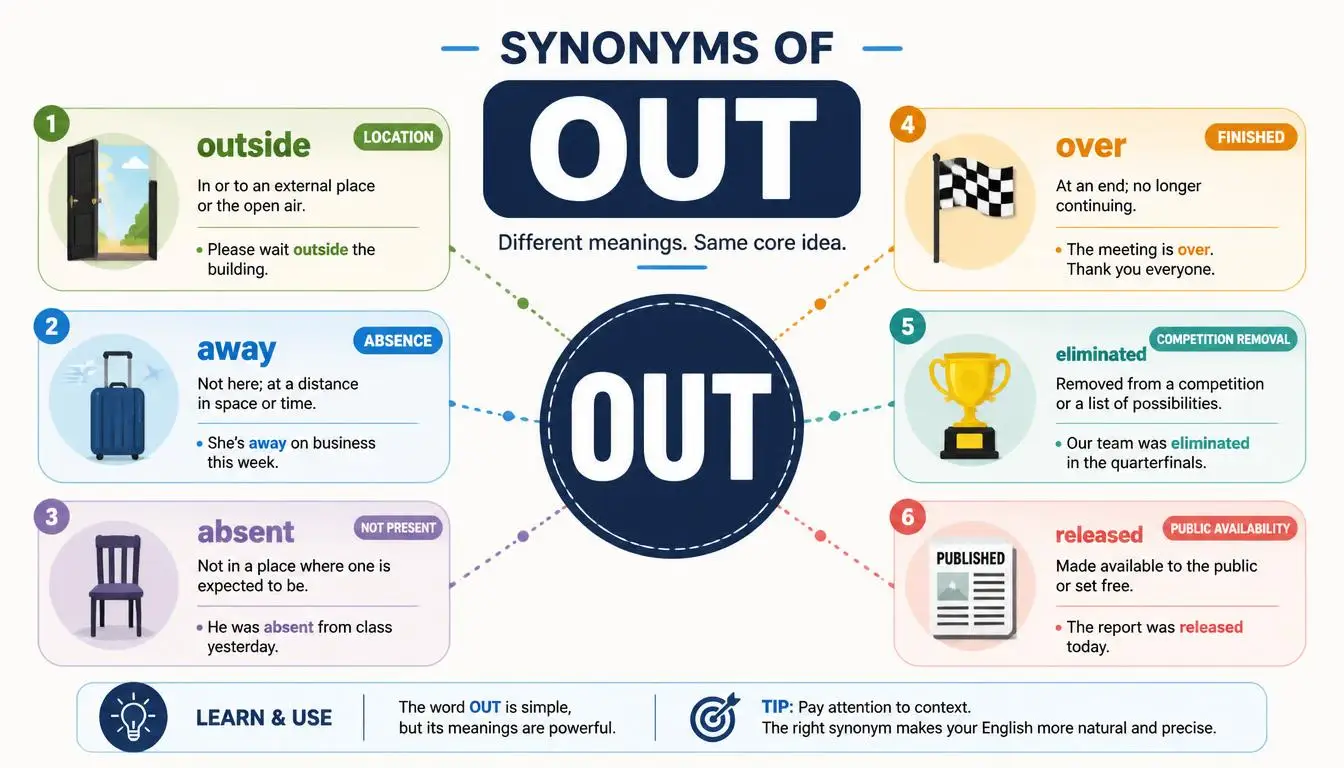 Educational infographic showing synonyms for out with meanings including outside, away, absent, over, eliminated, and released.
