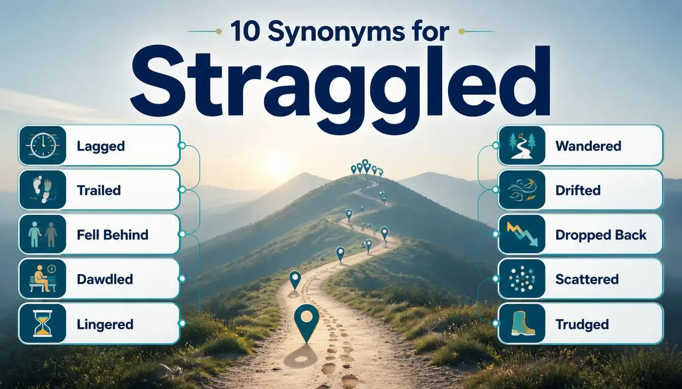 Synonyms for straggled include lagged, trailed, dawdled, lingered and wandered