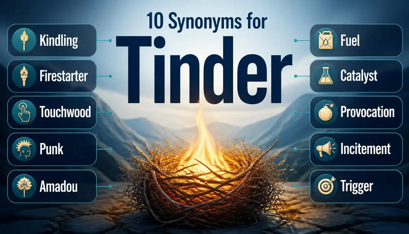 Educational infographic showing synonyms for tinder including kindling firestarter touchwood fuel catalyst and related alternatives.