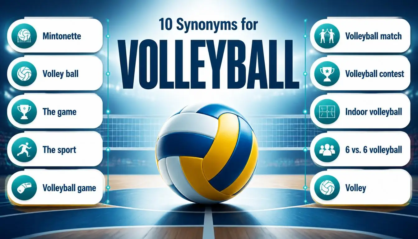 Synonyms for volleyball infographic showing Mintonette the game the sport volleyball match indoor volleyball and related alternatives.