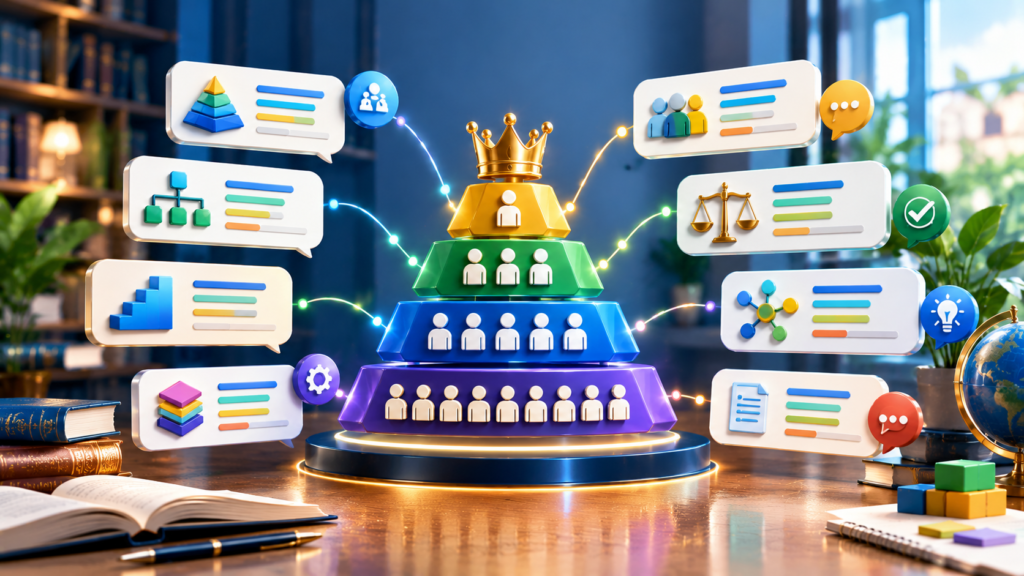3D vocabulary infographic showing hierarchy synonyms, word relationships, and language learning concepts with layered educational elements.