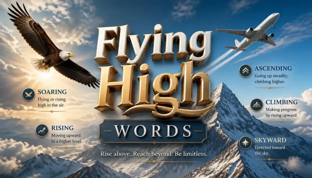 Flying high concept image showing soaring, ascending, and rising synonyms.