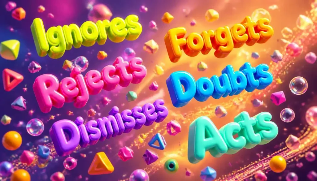 A joyful 3D illustration of the words "Ignores, Forgets, Rejects, Doubts, Dismisses, Acts" floating in a colorful, weightless environment filled with neon bubbles, geometric shapes, and sparkling confetti.