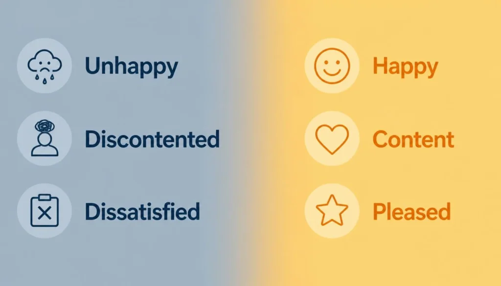 Split graphic contrasting unhappy synonyms in cool tones on the left with happy antonyms in warm tones on the right.