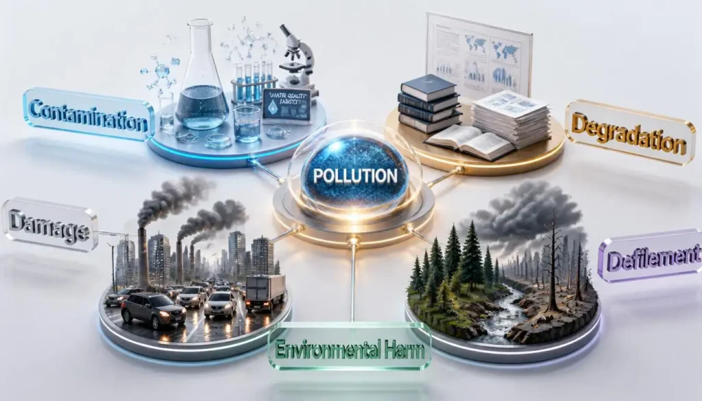 Pollution synonyms by context with contamination, degradation, and environmental damage examples