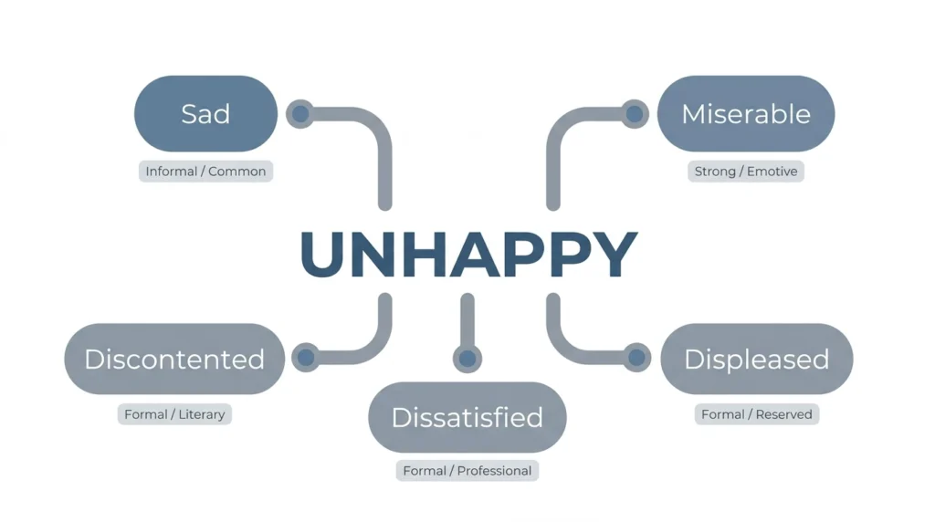 Infographic showing the word unhappy connected to five synonyms including sad, miserable, and dissatisfied, each labeled with formality level.
