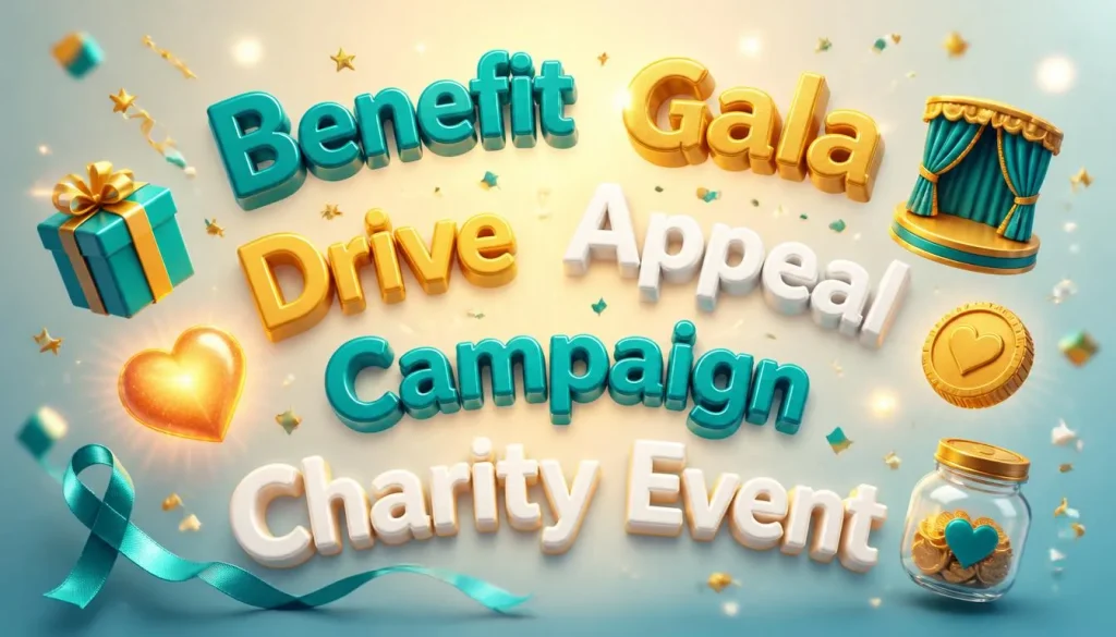 Colorful 3D floating words "Benefit", "Gala", "Drive", "Appeal", "Campaign" and "Charity Event" surrounded by gift, heart, coin and confetti icons, illustrating fundraiser synonyms with meanings and examples.