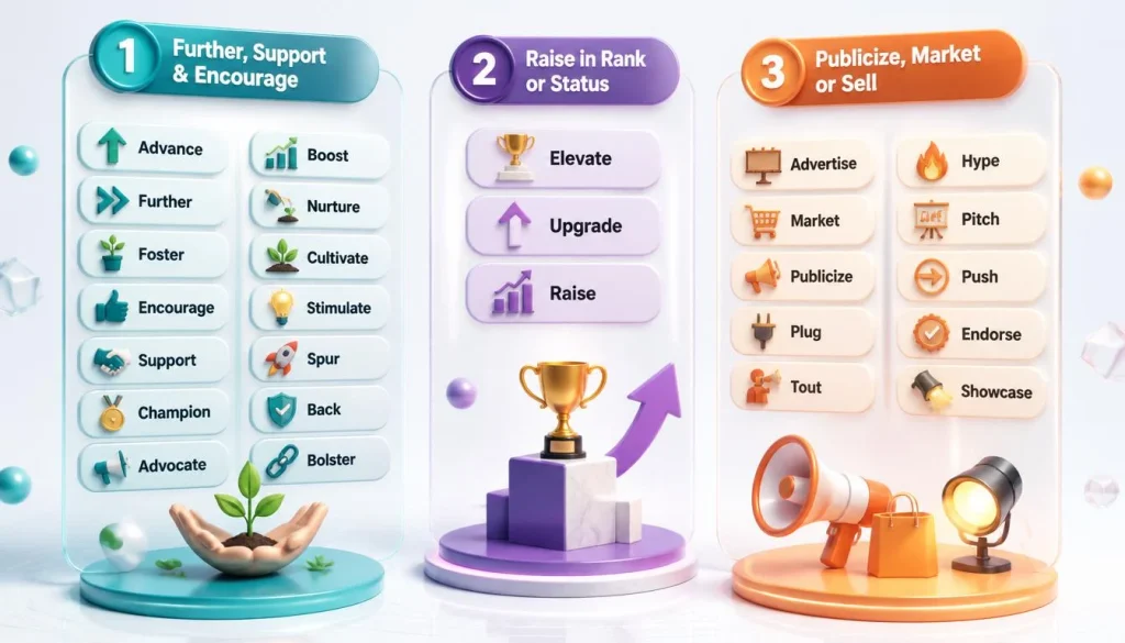 Detailed Synonyms for Promote with Meanings and Examples