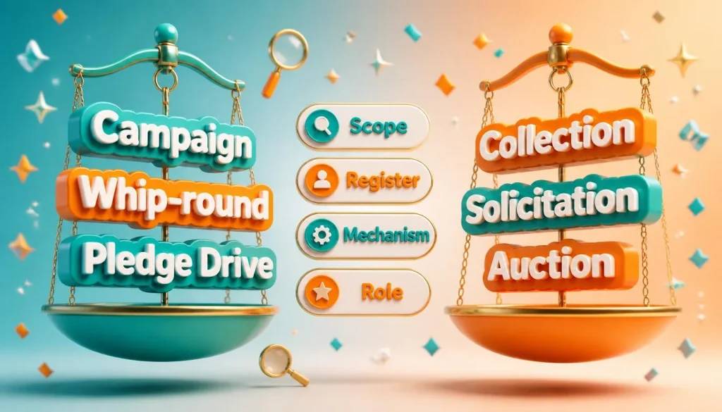 Cheerful 3D floating word pairs "Campaign vs Collection", "Whip-round vs Solicitation" and "Pledge Drive vs Auction" on a balance scale, with badges for scope, register, mechanism and role, showing the difference between exact and near synonyms.