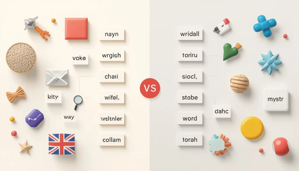 Educational illustration showing the difference between exact and similar synonyms using vocabulary comparison concepts and creative 3D elements.