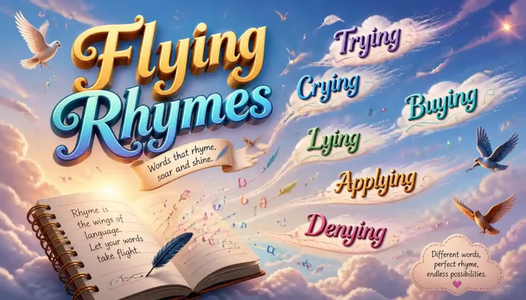 Creative flying rhymes illustration featuring vocabulary words that rhyme with flying.