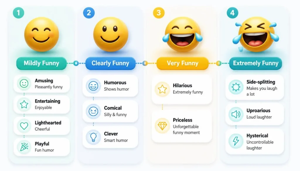 Funny Synonyms by Strength of Humor