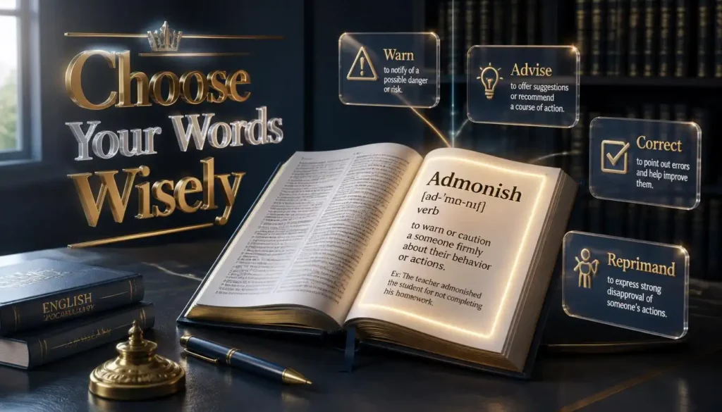Educational infographic showing the meaning and usage of the word admonish through vocabulary examples.
