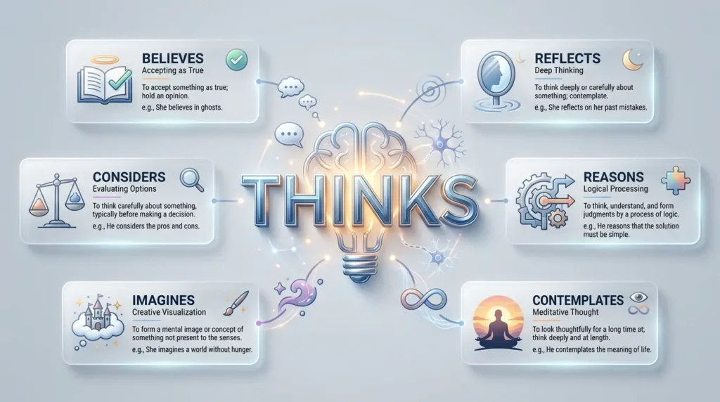 Synonyms for thinks vocabulary comparison infographic showing different word choices and meanings