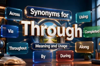 Educational infographic explaining through synonyms, meanings, and usage differences.