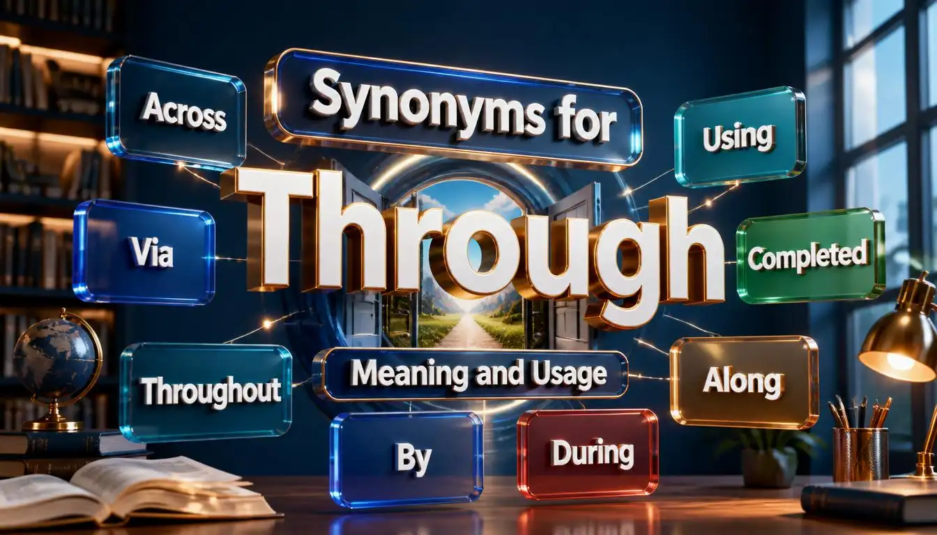 Educational infographic explaining through synonyms, meanings, and usage differences.