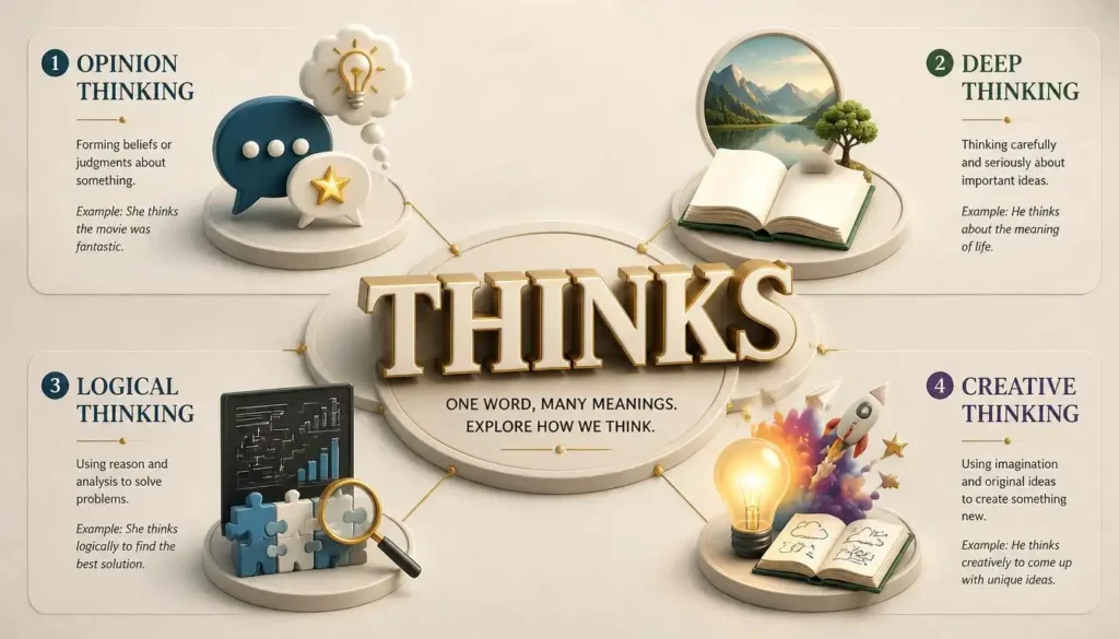 Visual explanation of thinks meaning showing opinion, deep, logical, and creative thinking concepts