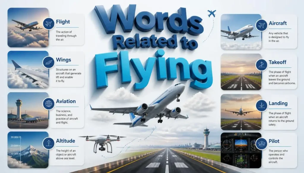 Educational infographic showing aviation vocabulary and words related to flying.