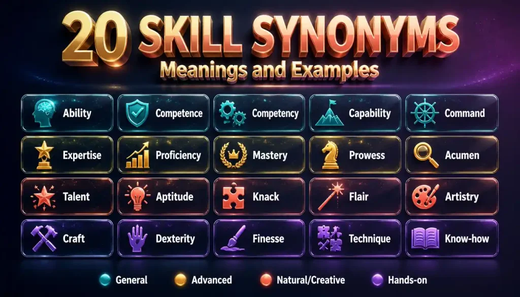 Infographic of 20 skill synonyms grouped into general, advanced, natural or creative, and hands-on categories.