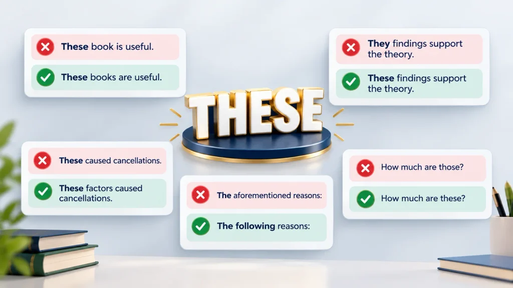 Common mistakes with these infographic showing incorrect and correct examples for plural agreement, pronouns, clarity, and word choice.