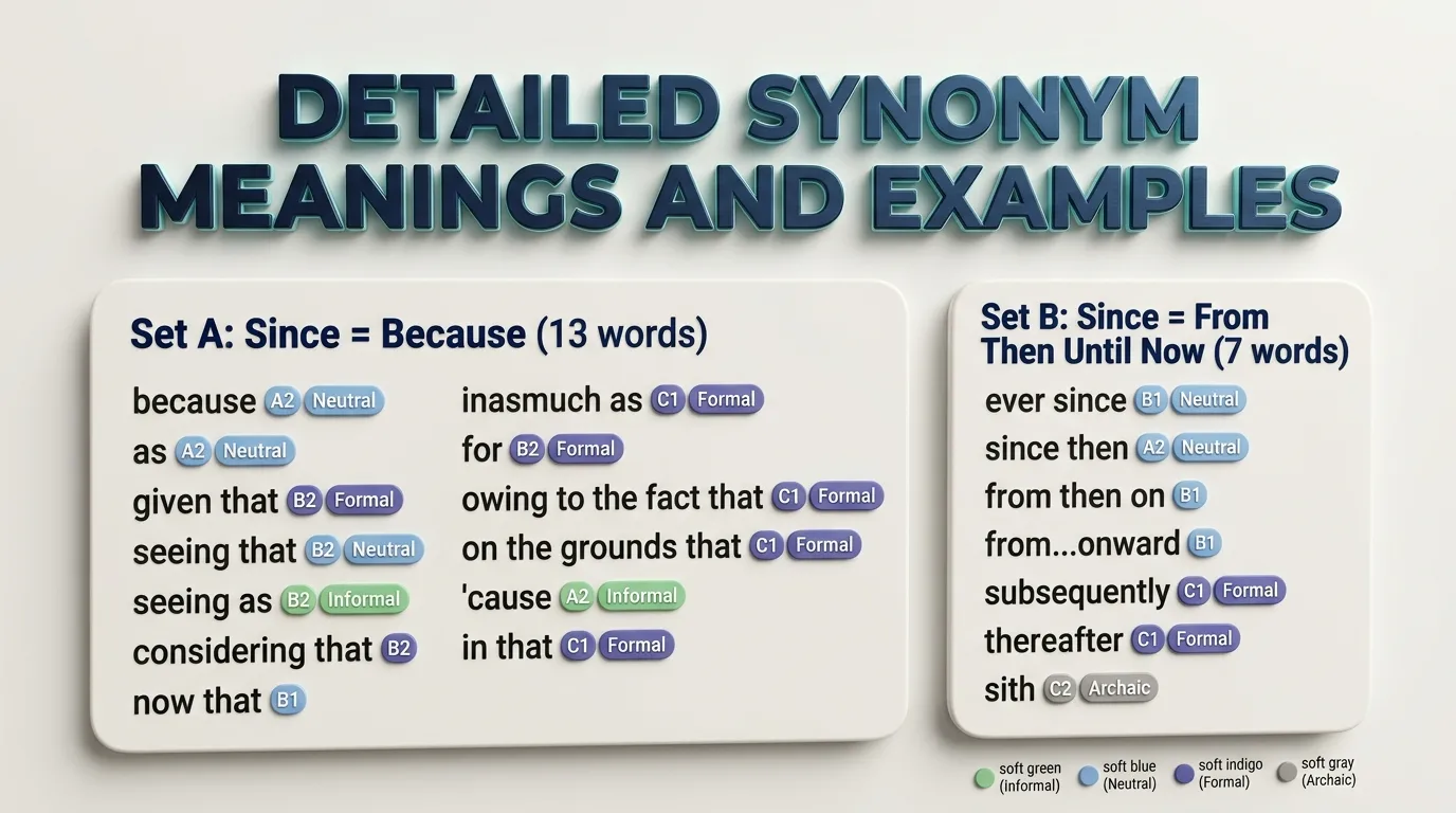 3D heading "Detailed Synonym Meanings and Examples" above an infographic of 20 synonyms for since, split into reason and time meanings