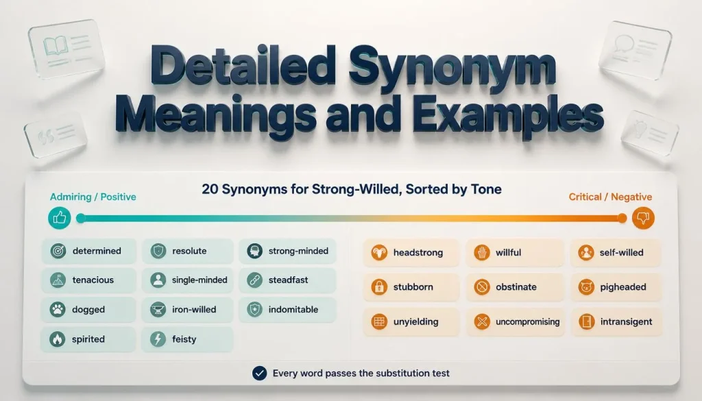 Infographic of 20 strong-willed synonyms sorted from admiring words like determined to critical words like stubborn
