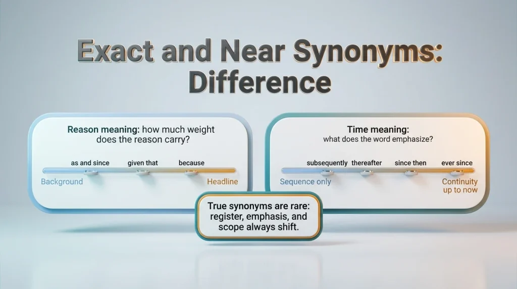 3D heading "Exact and Near Synonyms: Difference" above an infographic comparing since, as, because, ever since and subsequently by emphasis