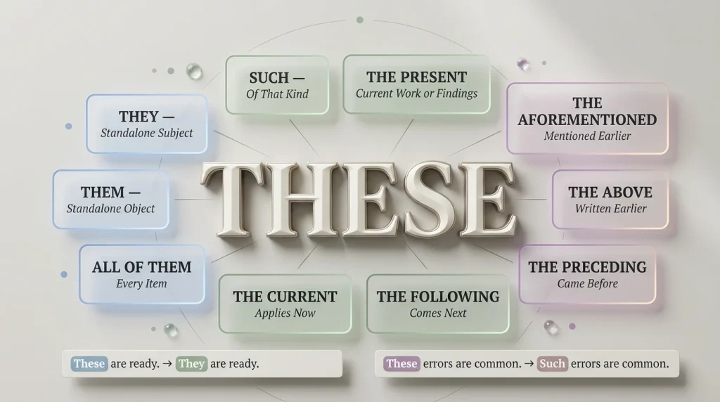 These synonyms infographic showing they, them, such, the present, the current, the following, and other alternatives with meanings and examples.
