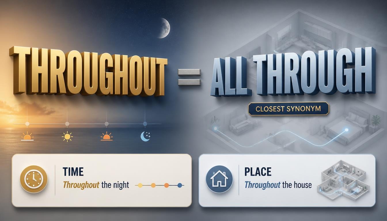Throughout and All Through comparison infographic showing All Through as the closest synonym for Throughout in time and place contexts.