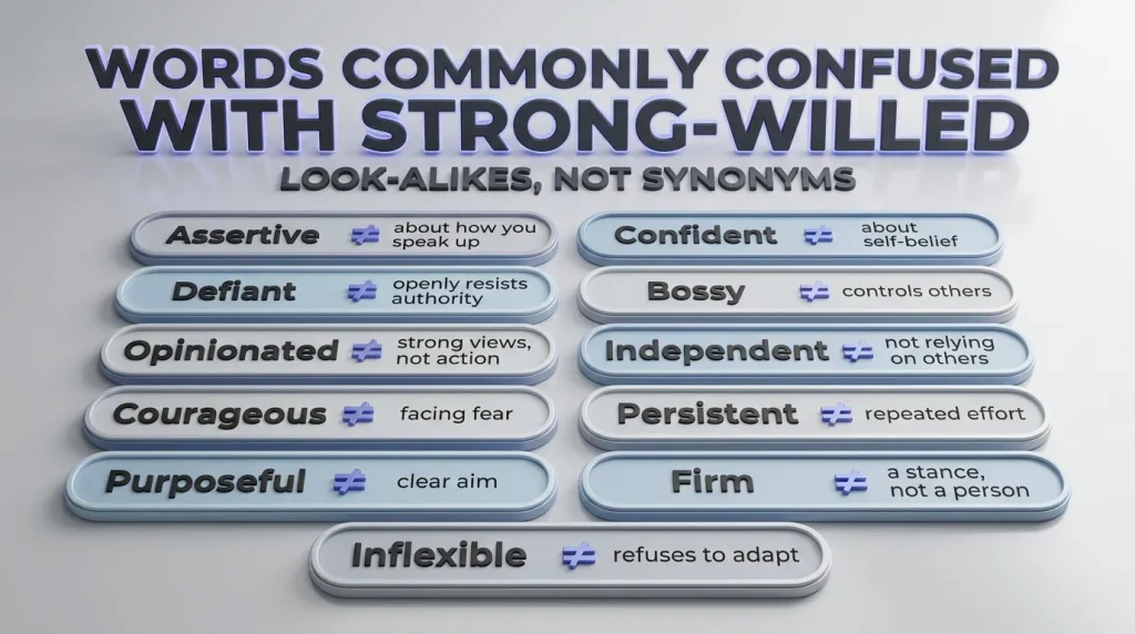 Infographic of 11 words often confused with strong-willed, including assertive, defiant, bossy, and persistent