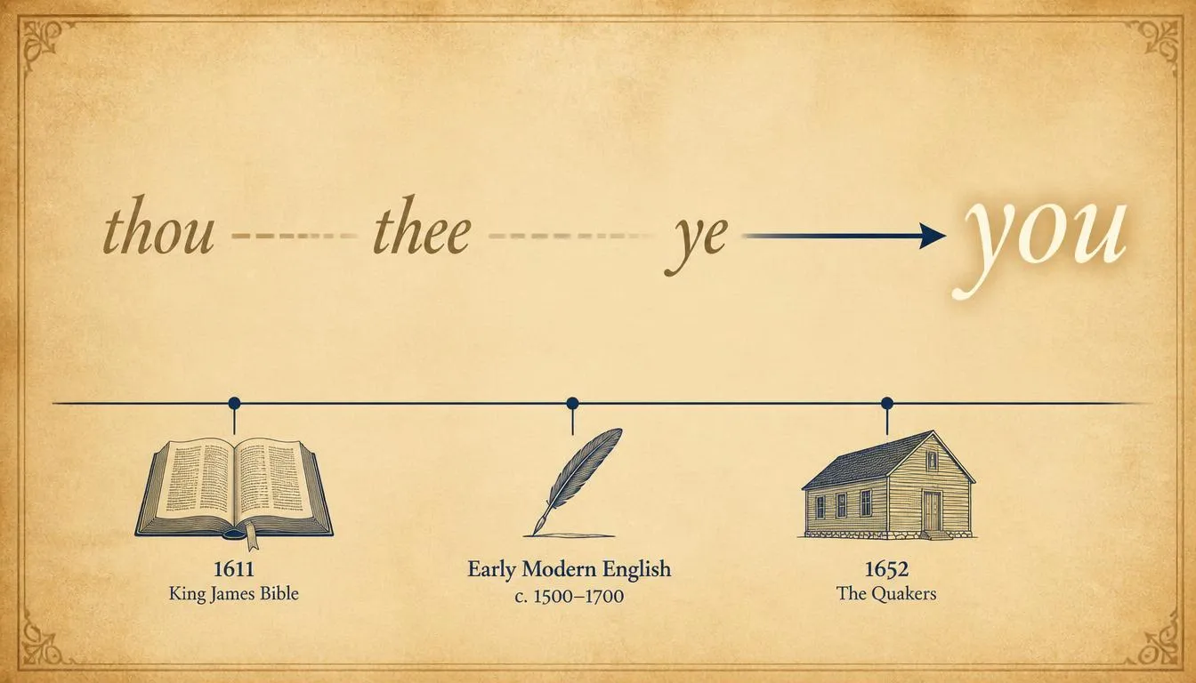 Timeline showing the old pronouns thou, thee and ye fading as modern "you" takes their place, with 1611 and 1652 milestones.