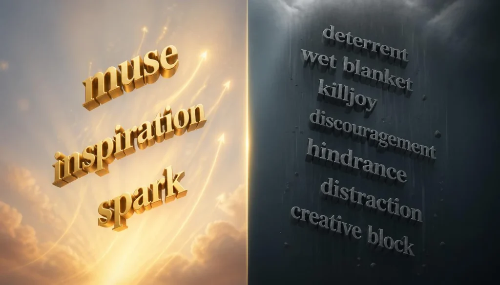 Infographic contrasting muse antonyms — deterrent, wet blanket, killjoy, discouragement, hindrance, distraction, creative block — against synonyms inspiration and spark in 3D floating text