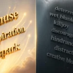 Infographic contrasting muse antonyms — deterrent, wet blanket, killjoy, discouragement, hindrance, distraction, creative block — against synonyms inspiration and spark in 3D floating text