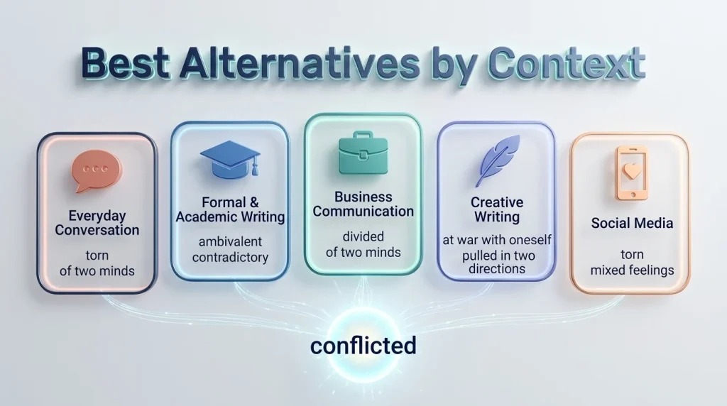Infographic of the best synonyms for conflicted by context: everyday, formal, business, creative writing, and social media
