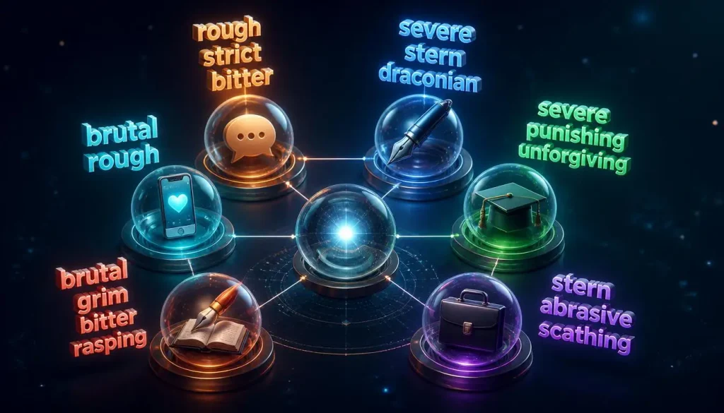 Infographic showing six writing contexts with recommended synonyms for harsh: everyday (rough, strict, bitter), formal (severe, stern, draconian), academic (severe, punishing, unforgiving), business (stern, abrasive, scathing), creative (brutal, grim, bitter, rasping), and social media (brutal, rough).