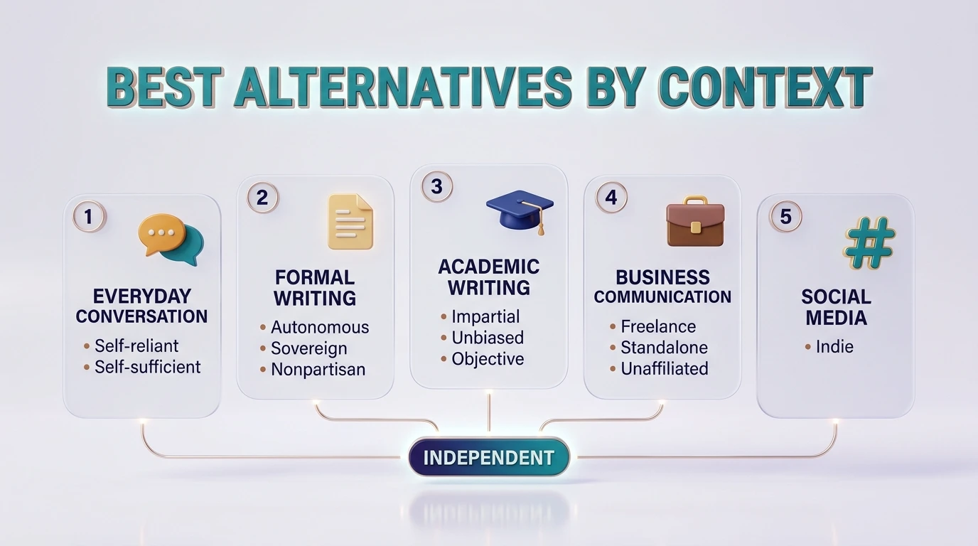 Infographic showing the best synonyms for independent in everyday, formal, academic, business, and social media use