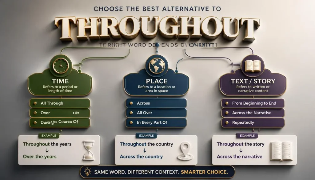 Context-based infographic showing the best alternatives for Throughout for time, place, and text or story usage.